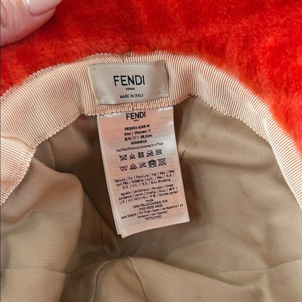 Fendi shearling bucket hat with a Zucca monogram pattern.Orange/Red Fuzzy - Picture 7 of 9